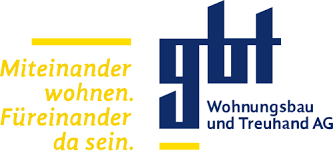 Logo der gbt Wohnungsbau und Treuhand AG mit dem Slogan ‚Miteinander wohnen. Füreinander da sein.‘ in gelber Schrift.